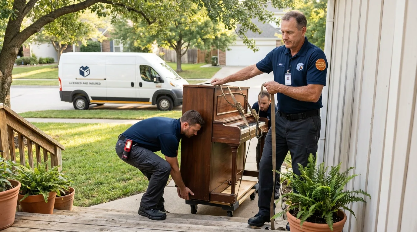 Licensed piano movers securing grand piano in Maybrook, NY